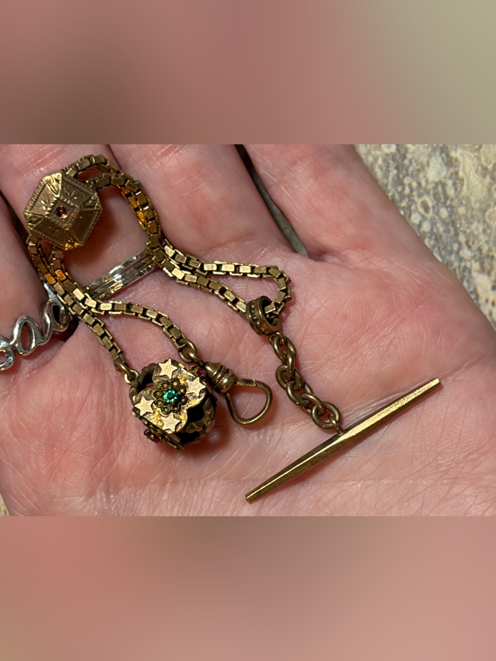 Victorian Gold Fill Or Gold Shell Pocket Watch Fob With Different Color Gems - Picture 8 of 16